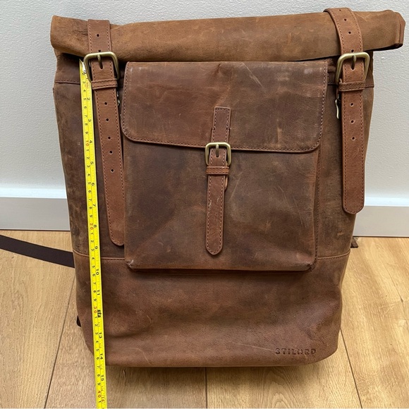 Brown Leather Roll-Top Backpack - Picture 5 of 16